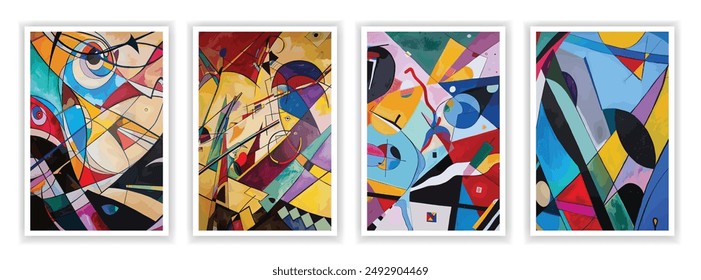 set of 4 Abstract Expressionist Mural with Geometric Shapes, Lines, and Vibrant Colors, Emphasizing Form and Color Interplay