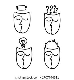 Set of 4 abstract faces. Showing different mental states. Hand-drawn vector graphics. 