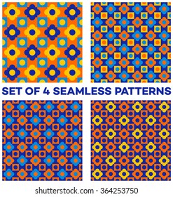 Set of 4 abstract fancy seamless patterns with different geometric shapes of orange, blue and yellow shades