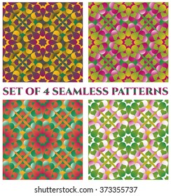 Set of 4 abstract fashionable decorative seamless patterns of green, violet, purple, orange, red, yellow, pink and white shades