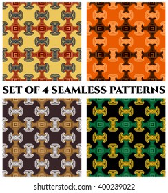 Set of 4 abstract fashionable fractal seamless patterns with decorative ornament of yellow, red, blue, orange, black, white, brown and green shades