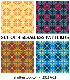 Set of 4 abstract fashionable fractal seamless patterns with decorative ornament of orange, golden, yellow, beige, magenta, pink, blue, teal, grey, red, white and green shades