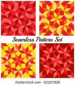 Set of 4 abstract fashionable geometric seamless patterns with rhombus and squares of red, yellow and orange shades