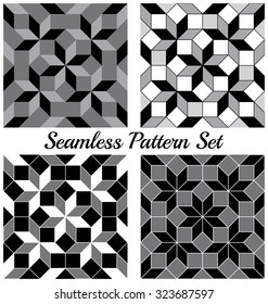 Set of 4 abstract fashionable geometric seamless patterns with rhombus and squares of black, grey and white shades