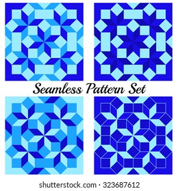 Set of 4 abstract fashionable geometric seamless patterns with rhombus and squares of blue and cyan shades
