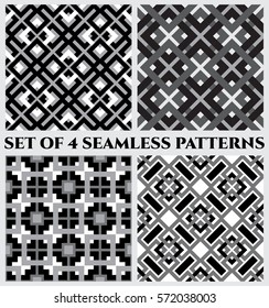 Set of 4 abstract fashionable geometrical seamless patterns with celtic ornament of black, gray, and white shades