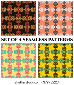 Set of 4 abstract fashionable seamless patterns with decorative ornament of blue, orange, red, yellow, white and black shades