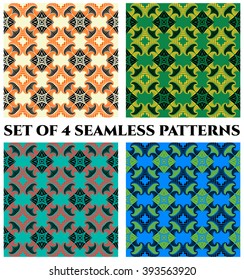Set of 4 abstract fashionable seamless patterns with fractal decorative elements of orange, green, yellow, red, blue and black colors