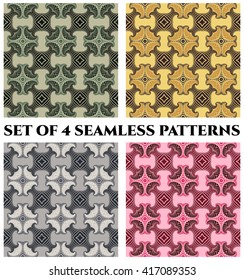 Set of 4 abstract fashionable seamless patterns with fractal decorative ornament of grey, white, green, golden, brown, beige, pink and burgundy shades