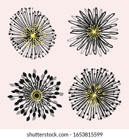 set of 4 abstract flower shapes. yellow with gray. for logos, design, postcards, patterns, ornaments. isolated element on light pink background