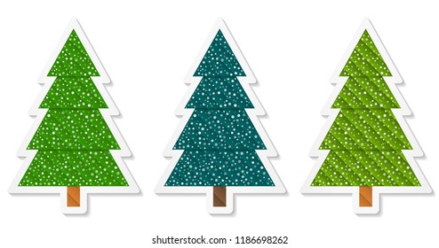 Set 4 of abstract geometric coniferous trees stickers with snow. Three shades of green. Vector EPS 10