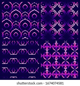 Set of 4 abstract geometric seamless patterns. Purple colored gradient shapes backgrounds. Futuristic digital vector wallpapers.	