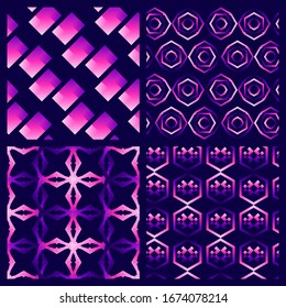 Set of 4 abstract geometric seamless patterns. Gradient shapes backgrounds. Futuristic digital vector wallpapers.	