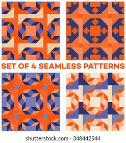Set of 4 abstract geometric seamless patterns with rhombus, triangle and square shapes of blue, orange and white shades