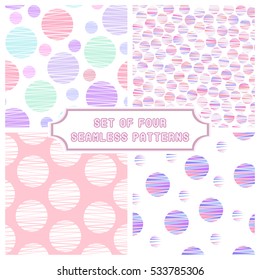 Set of 4 abstract geometric seamless patterns with striped circles. Perfect for baby shower, mother's day, valentine's day, wedding design, etc. Creative templates in calm, delicate pastel palette.