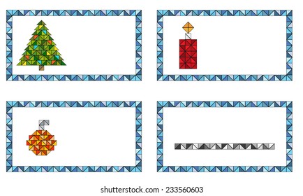 Set of 4 abstract gift tags with tree, candle, ornament and one just with line for your text