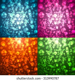 Set of 4 abstract glowing circles backgrounds. Winter, summer, autumn, spring seasons. EPS 10 vector illustration, transparency and gradients used
