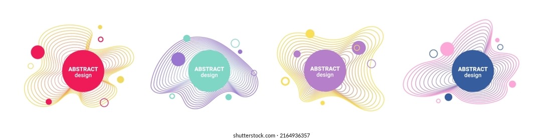 Conjunto de 4 elementos gráficos abstractos fluidos líquidos, fluidos, formas orgánicas. Olas y líneas de gradiente vectorial amorfo dinámico. Futuro retro y memphis vaporwave geométrico, retro ochenta y noventa ciberpunk