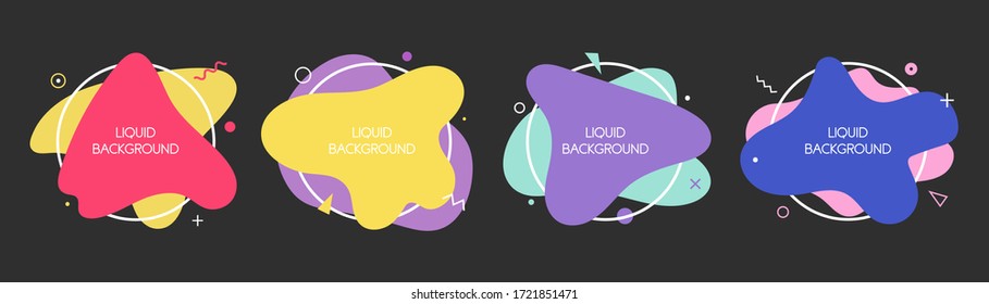 Set of 4 abstract graphic liquid elements in memphis style. Dynamical waves colored fluid shapes. Isolated banners with flowing liquids. Template for the design of a logo, flyer or presentation. 