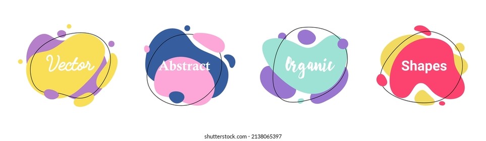 Set of 4 abstract graphic liquid elements in memphis style. Dynamical waves colored fluid shapes. Isolated banners with flowing organic shapes. Template for the design of logo, flyer or presentation. 