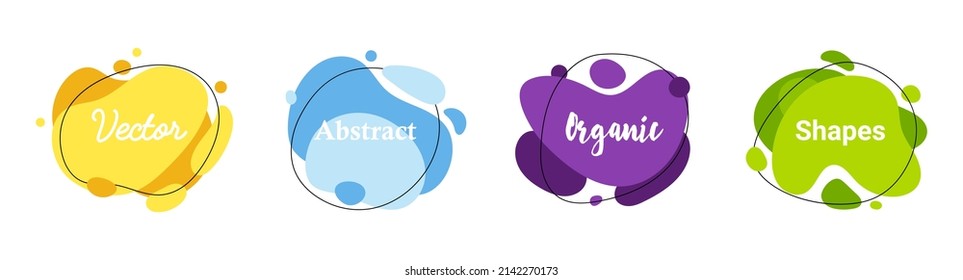 Set of 4 abstract graphic liquid elements in memphis style. Dynamical waves colored fluid shapes. Isolated banners with flowing organic shapes. Template for the design of logo, flyer or presentation. 