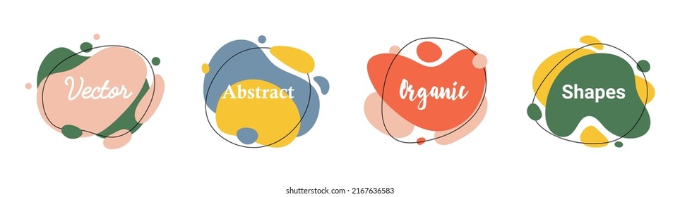 Set of 4 abstract graphic liquid elements in organic style. Dynamical waves colored fluid shapes. Isolated banners with flowing liquids. Template for the design of a logo, flyer or presentation. 