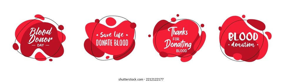 Set of 4 abstract graphic liquid organic shape Blood Donation elements. Fluid isolated red drops banners with flowing lines. Template for medical design, logo, flyer or presentation, Donor Day. 