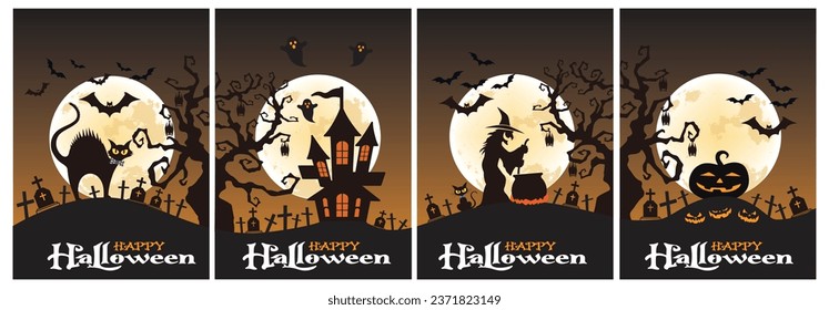 Set of 4 abstract halloween theme color black white yellow orange bats cats scary trees grave cemetery witch pumpkins poster design. Vector illustration.