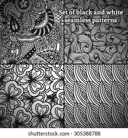 Set of 4 abstract hand-drawn black and white seamless pattern, vector illustration