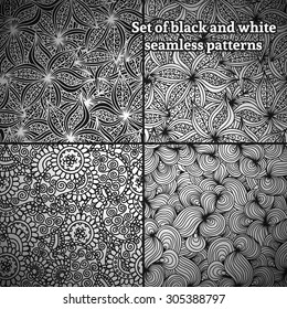  Set of 4 abstract hand-drawn black and white seamless pattern, vector illustration