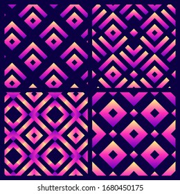 Satz von 4 abstrakten hypnotischen nahtlosen Mustern. Neongeometrische Vektorillustration-Bildschirmhintergründe. Tribale Fusionshintergründe.	