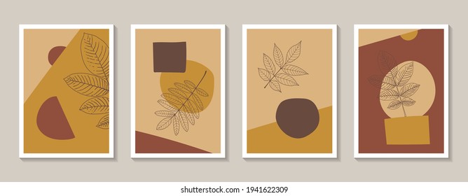 Set of 4 abstract illustrations in boho style for wall decoration. Art design with hand drawn plant elements and abstract shapes. Minimalism in warm earth tones. Stock vector illustration.