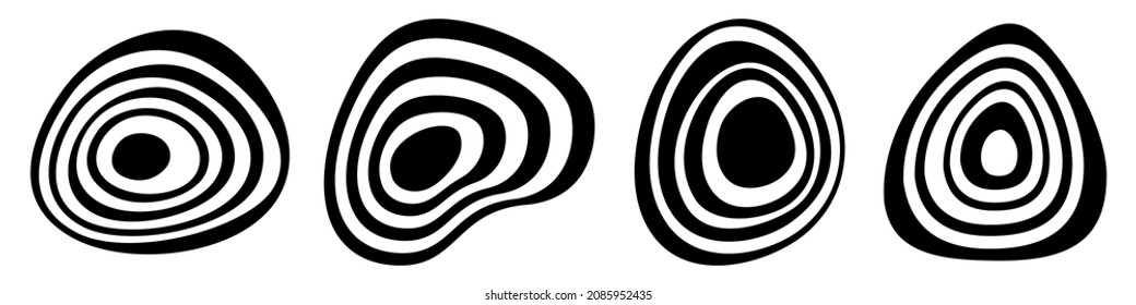Set of 4 abstract liquid flat geometric vector shapes. Dynamical forms with lines, isolated on white background. Graphic elements. Template for poster, logo, cover design. Monochrome illustration.