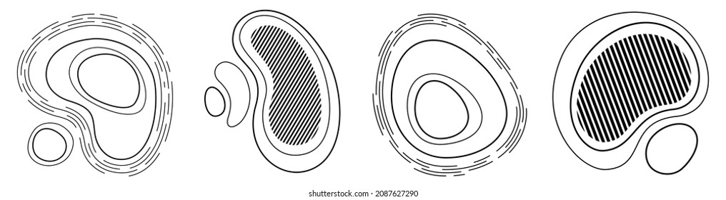 Set of 4 abstract liquid geometric shapes. Dynamical forms with lines, isolated on white background. Graphic elements. Template for poster, logo, cover design. Vector black and white illustration.
