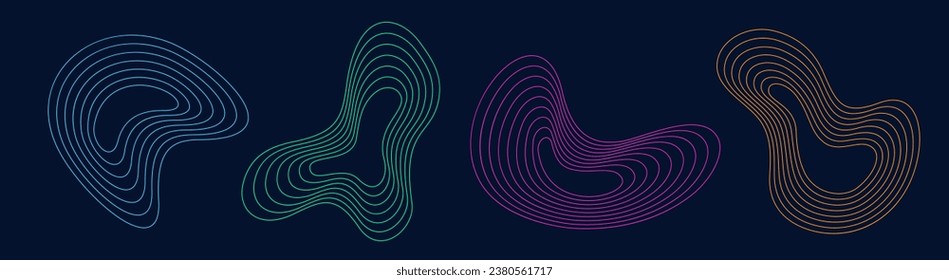 Set of 4 abstract liquid geometric shapes. Color dynamical forms with lines, isolated on blue background. Graphic elements. Template for poster, logo, cover design. Vector colorful illustration.