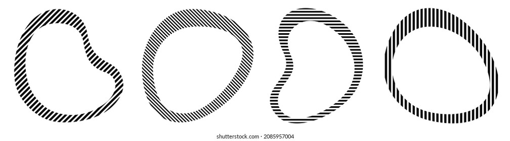 Set of 4 abstract liquid striped shapes. Dynamical forms with lines, isolated on white background. Graphic elements. Template for poster, logo, cover design. Monochrome illustration.