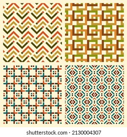 Set of 4 abstract Mid-century modern style seamless patterns. Grid vector backgrounds with geometric shapes. 60s, 70s aesthetic wallpapers.	