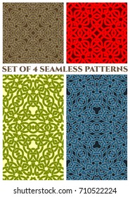 Set of 4 abstract modern celtic knot seamless patterns of brown, yellow, green, red, white, and blue shades