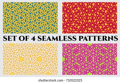 Set of 4 abstract modern celtic knot seamless patterns of blue, yellow, orange, white, green, and violet shades