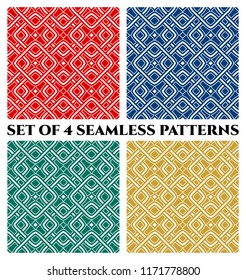 Set of 4 abstract modern geometric seamless patterns with decorative ornament of red, blue, green, and yellow shades