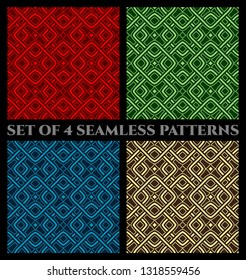 Set of 4 abstract modern geometric seamless patterns with decorative ornament of red, blue, green, brown, and beige shades