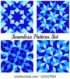 Set of 4 abstract modern geometric seamless patterns with rhombus and squares of blue shades
