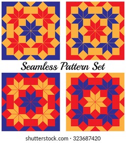 Set of 4 abstract modern geometric seamless patterns with rhombus and squares of blue, red and orange shades