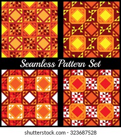 Set of 4 abstract modern geometric seamless patterns with triangles and squares of yellow, vinous, cherry, orange, red and white shades