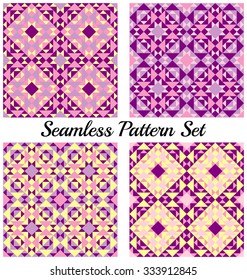 Set of 4 abstract modern geometric seamless patterns with triangles and squares of violet and yellow shades