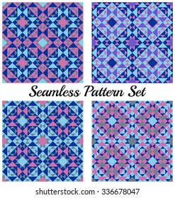 Set of 4 abstract modern geometric seamless patterns with triangles and squares of blue, pink, violet and grey shades