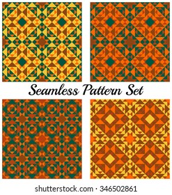 Set of 4 abstract modern geometric patterns with triangles and squares of teal, orange, brown and yellow shades