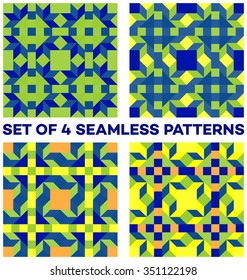 Set of 4 abstract modern geometric seamless patterns with rhombus, triangles and squares of blue, yellow and orange shades