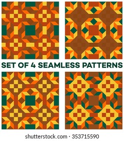 Set of 4 abstract modern geometric seamless patterns with rhombus, triangles, rectangles and squares of yellow, brown, orange and teal shades