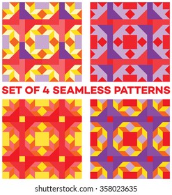 Set of 4 abstract modern geometric seamless patterns with rhombus, triangle and square shapes of violet, red, orange and yellow shades